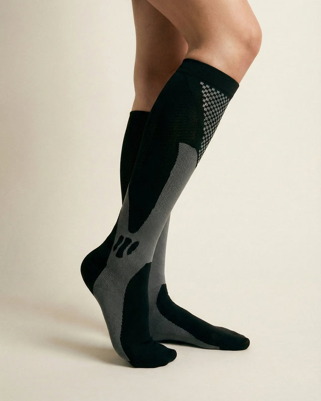 Black and gray compression socks worn by a person on a beige background