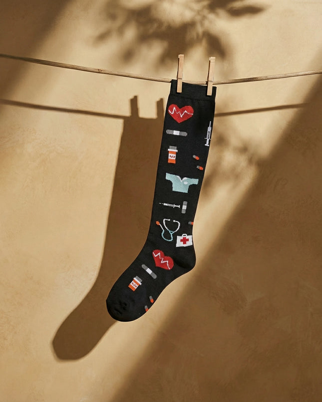 Black knee-high sock with medical-themed icons hanging on a clothesline against a beige wall.