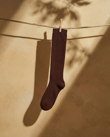 Brown sock hanging on a clothesline with a neutral background