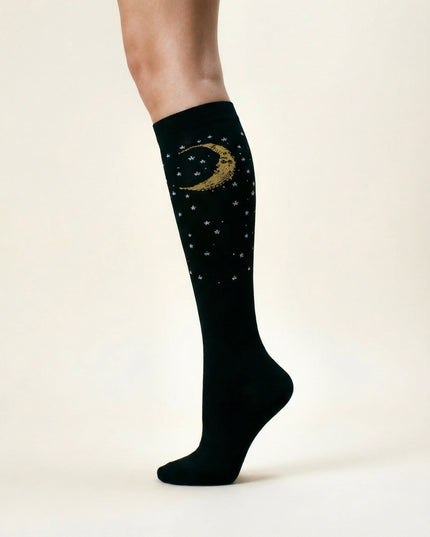 Black knee-high sock with gold moon and star design on a white background