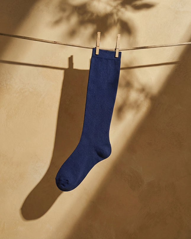 Blue sock hanging on a clothesline against a beige wall.