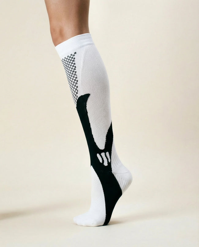 White knee-high sock with black pattern on a beige background