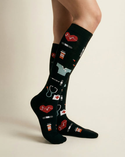Black socks with medical-themed designs on a beige background